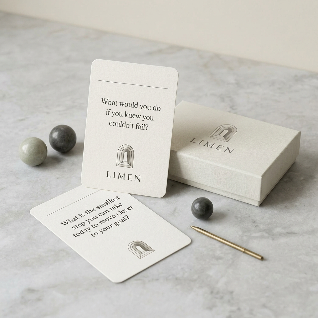 LIMEN Threshold card edition photographed on a marble surface with marbles.