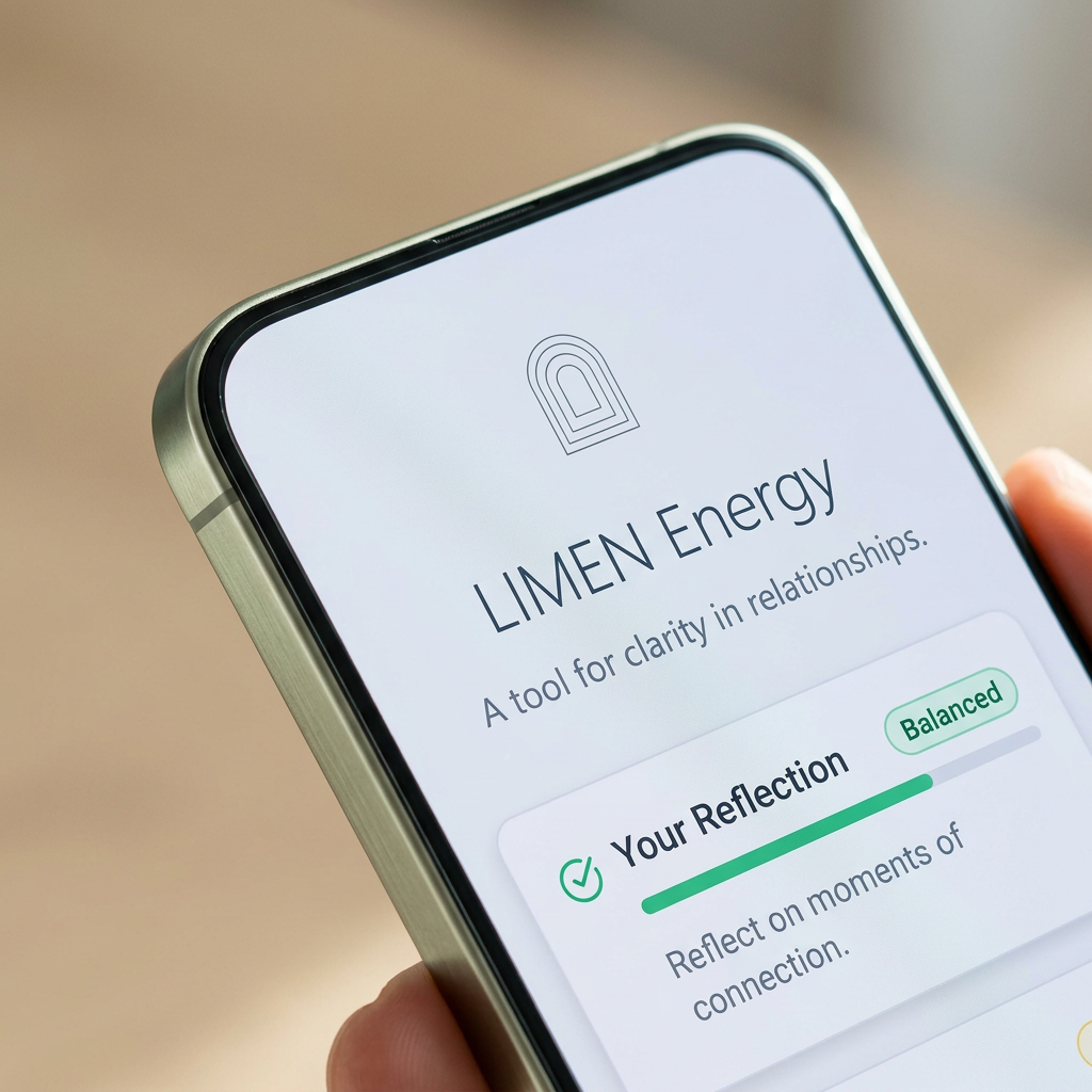 LIMEN Energy app shown on a phone, displaying a reflection screen marked Balanced.